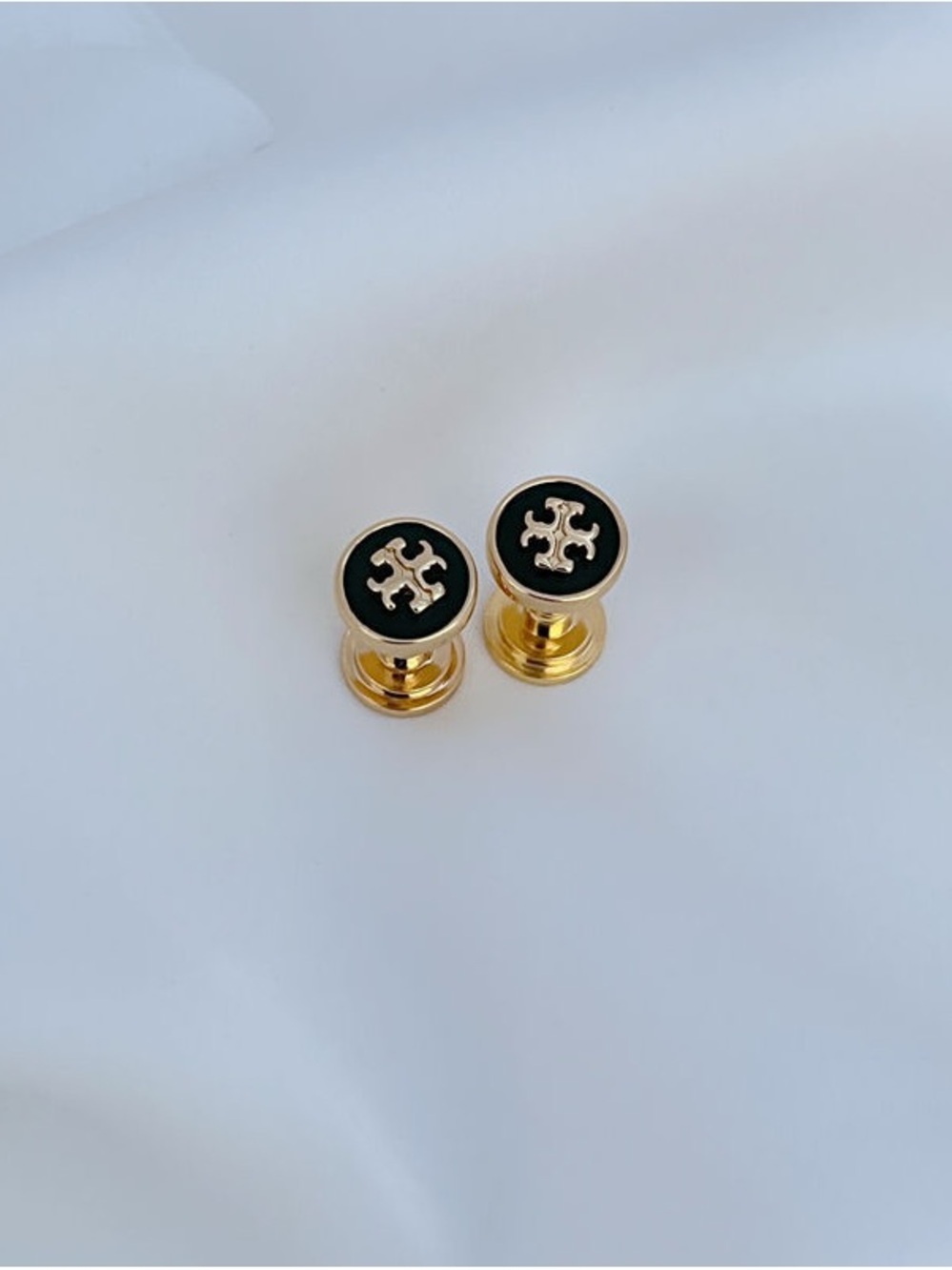 Tory Burch Gold and Black Logo Round Stud Earrings - Picture 3 of 4